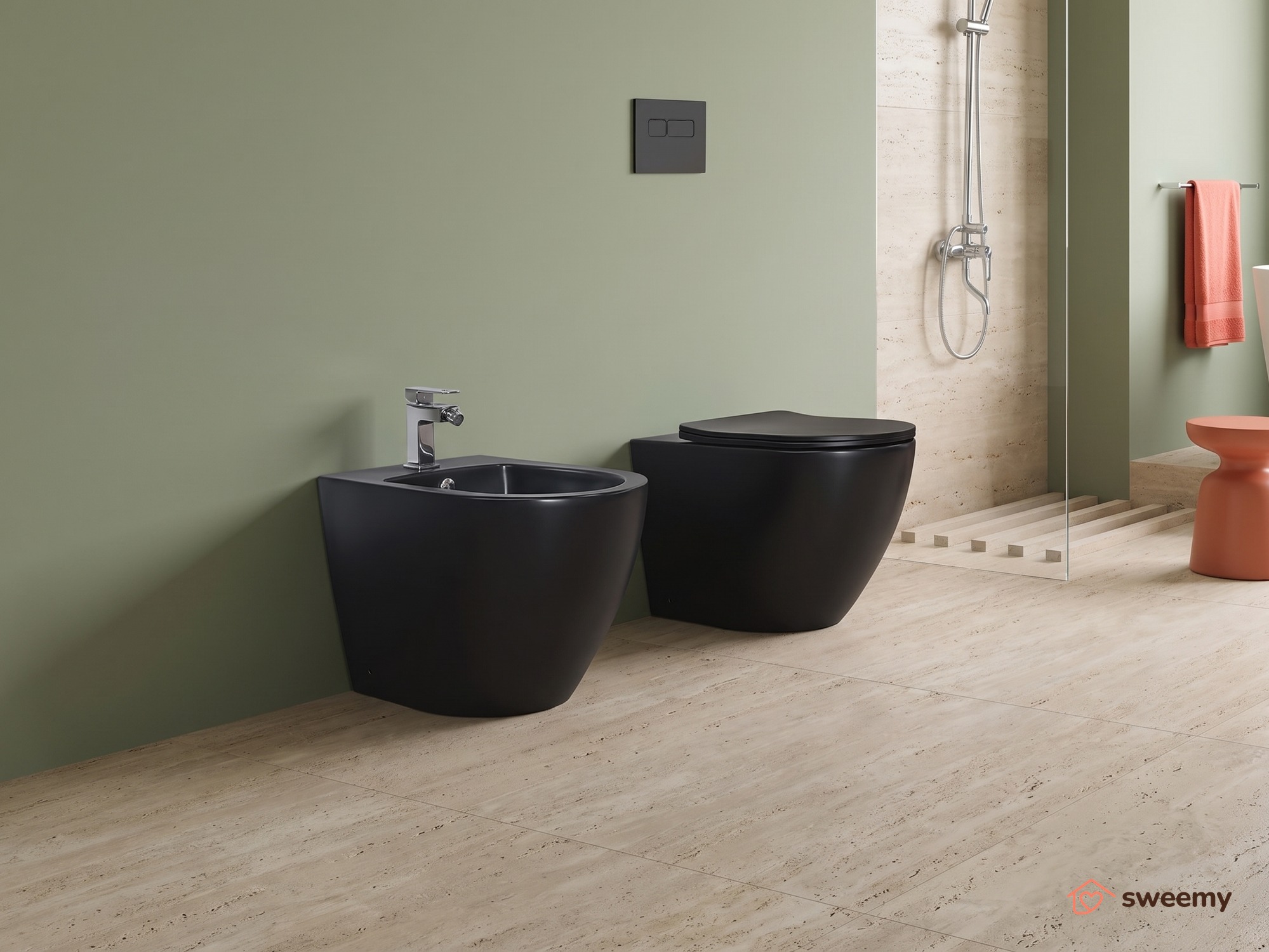 Coppia sanitari a terra SWY-Bent, rimless senza brida, filo muro, coprivaso soft close incluso - immagine 7