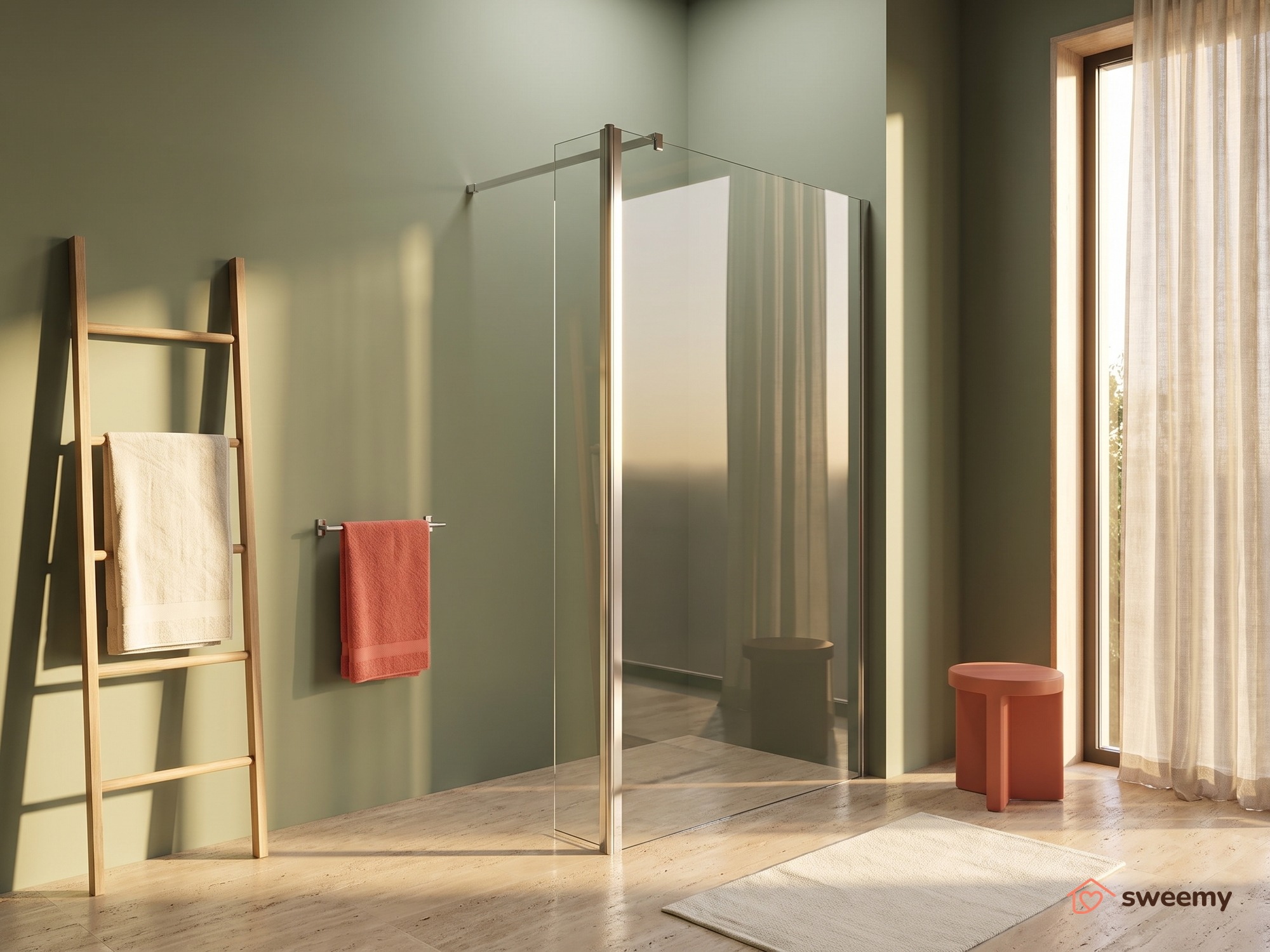 Parete doccia walk-in SWY-Filadelfia A, lastra fissa + anta paraspruzzi, ingresso libero, vetro temperato 8 mm, H 200 cm, cromo